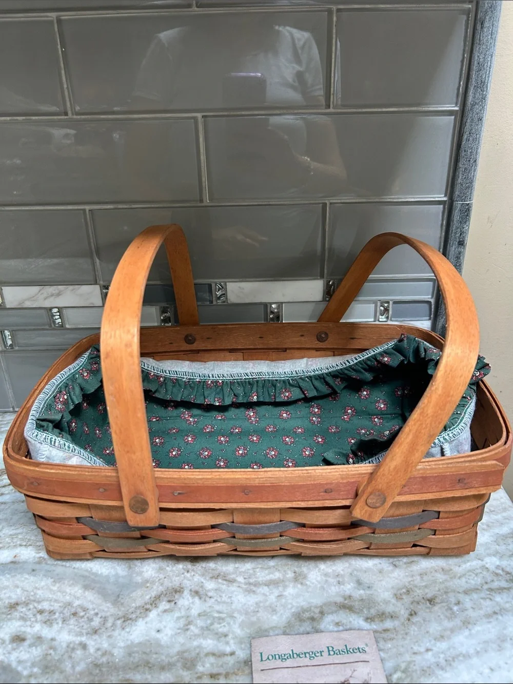 Longaberger 1997 Double Handle  Small Gathering Basket &Green Floral Lining 14”